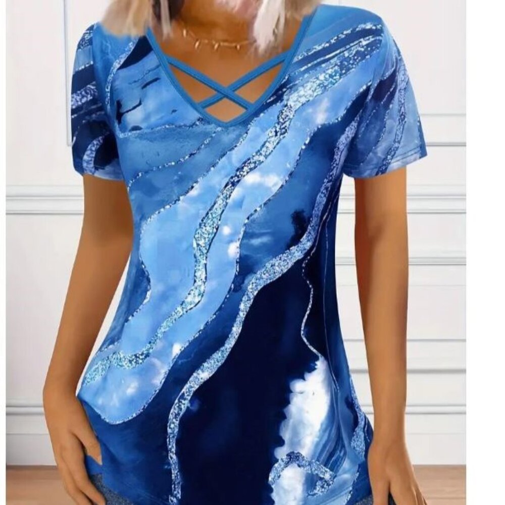 Marble Print V Neck T-Shirt, Casual‎ Short Sleeve Top - Womens Blue XXL (14)